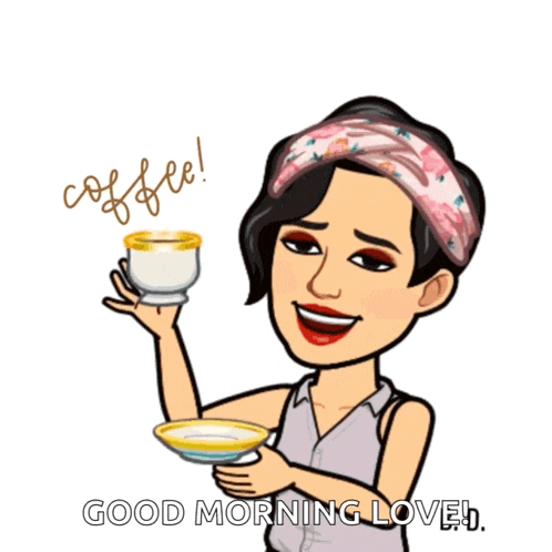a cartoon of a woman holding a cup of coffee with the words good morning loved