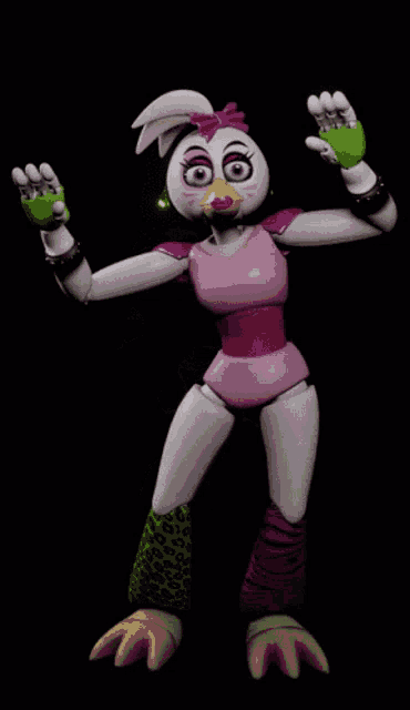 a cartoon character with a pink body and green gloves is standing in the dark