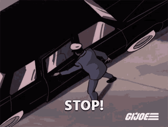 a cartoon of a man getting out of a car with the words stop written on the bottom