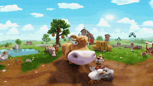 a cartoon drawing of a cow and chicken in a farm
