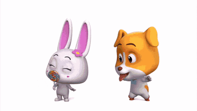a cartoon bunny and a cartoon dog standing next to each other