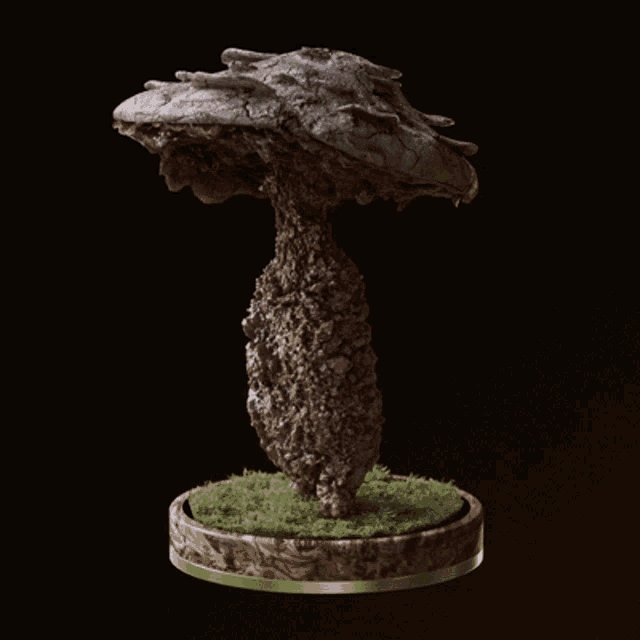 a statue of a mushroom on a wooden base with a black background