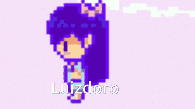 a pixel art of a girl with purple hair and the name luizdoro below her