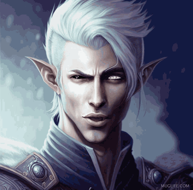 a painting of a man with white hair and a muglife.com logo on the bottom