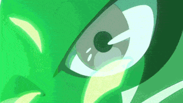 a close up of a green cartoon character 's eye .
