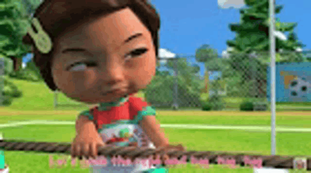 a little girl is holding a rope in a cartoon scene .