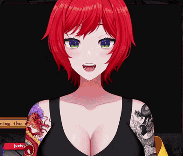 a girl with red hair and green eyes has a tattoo on her arm that says joelin