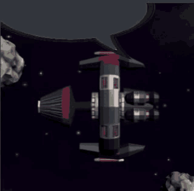 a computer generated image of a space ship with a asteroid in the background