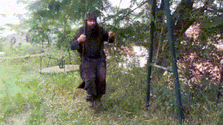 a man with a beard is walking through a grassy area holding a sword