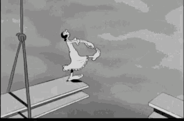 a cartoon character is jumping over a bridge in a black and white drawing .