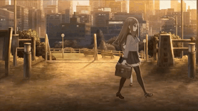 a girl is walking down a street with a briefcase