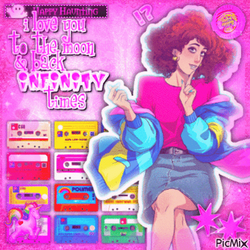 a girl in a pink shirt is surrounded by cassette tapes and says " i love you to the moon & back "