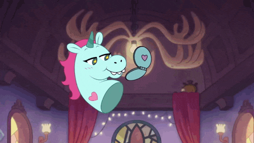 a cartoon of a unicorn holding a mirror in its mouth