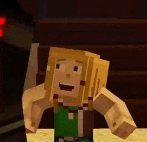 a minecraft character with blonde hair and a green shirt is standing next to a table .