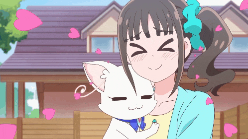 a girl holding a white cat with hearts flying in the background