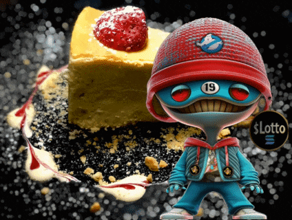 a cartoon character with the number 19 on his hat stands in front of a piece of cheesecake