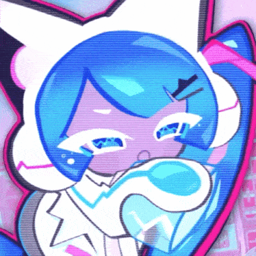 a cartoon character with blue hair and white ears is crying with a heart in the background