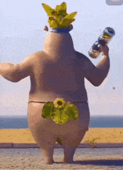 a cartoon character is standing on a beach holding a can of gatorade