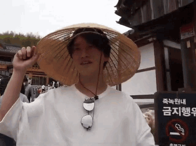 a young man wearing a straw hat and sunglasses is standing in front of a no smoking sign .