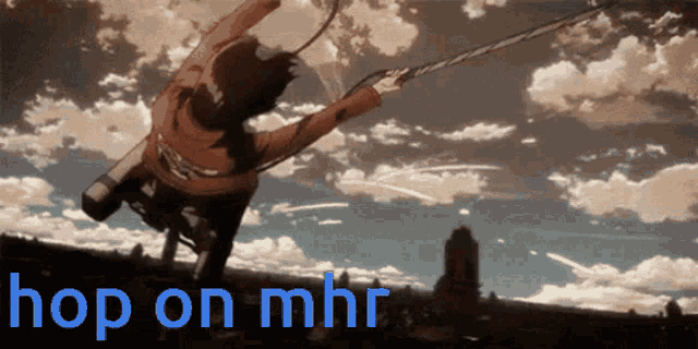 a person jumping in the air with the words hop on mhr written below them