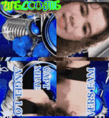 a collage of four images of a woman with the words angello capt mihae vers fam on the bottom