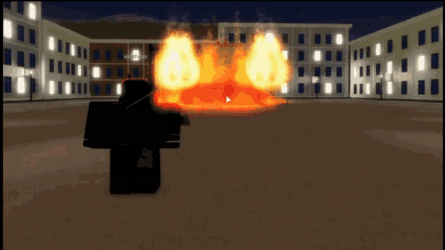a person in a video game is standing in front of an explosion