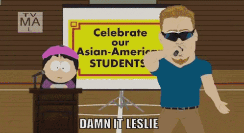 a cartoon of a man pointing to a sign that says celebrate our asian-american students