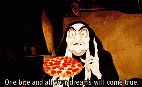 a cartoon of a witch holding a pepperoni pizza with the words " one bite and all your dreams will come true "