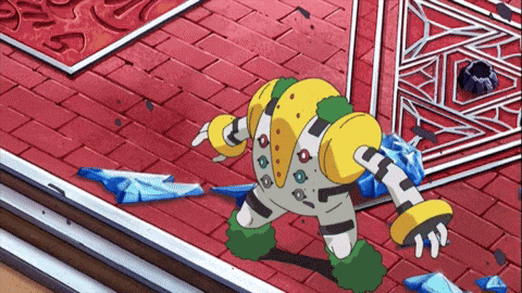 a cartoon character is standing on a brick floor next to a broken glass .