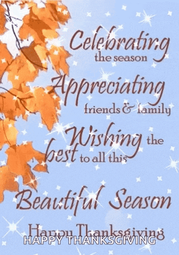 a happy thanksgiving greeting card with leaves and the words celebrating the season
