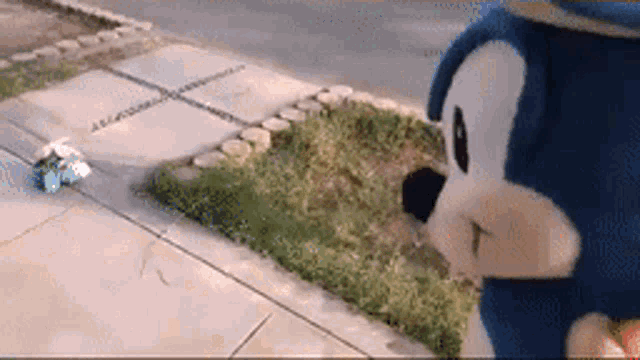a stuffed sonic the hedgehog is standing on the sidewalk