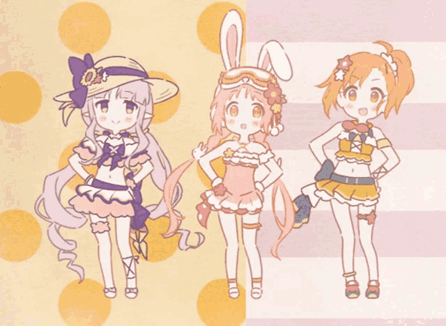 three anime girls are standing next to each other with one wearing a bunny outfit