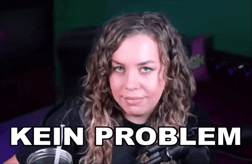 a woman sitting in front of a microphone with the words kein problem written on the bottom