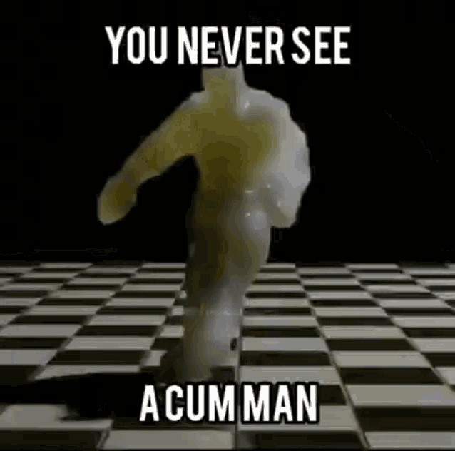 a statue of a man covered in cum is running on a checkerboard floor .