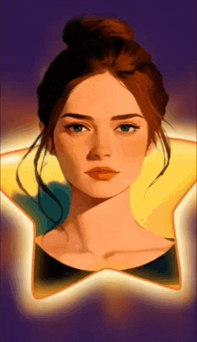 a painting of a woman 's face with a yellow star in the background