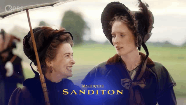 a poster for masterpiece sanditon shows two women laughing and holding umbrellas