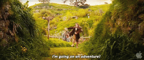 a man is running through a grassy field with the words " i 'm going on an adventure "