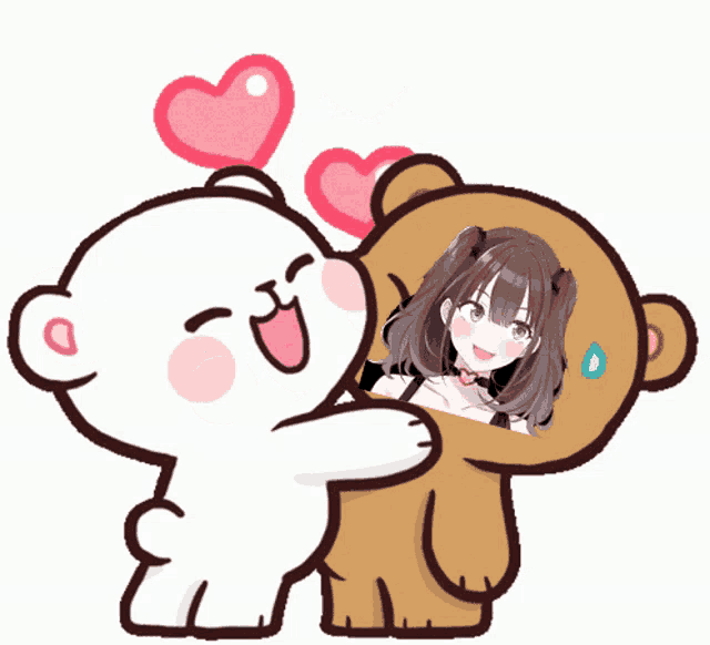 a teddy bear is hugging another teddy bear with a girl inside of it