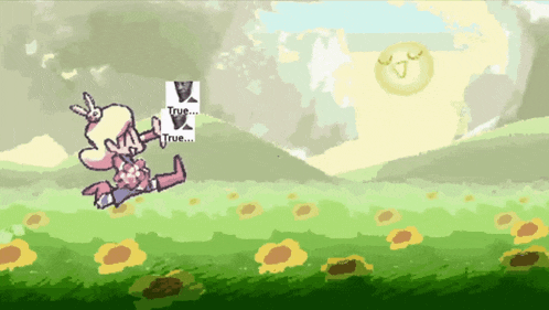 a drawing of a girl in a field with the words true written on it