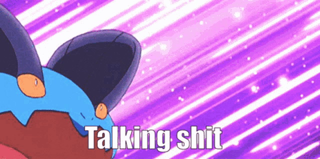 a cartoon character with a purple background and the words talking shit