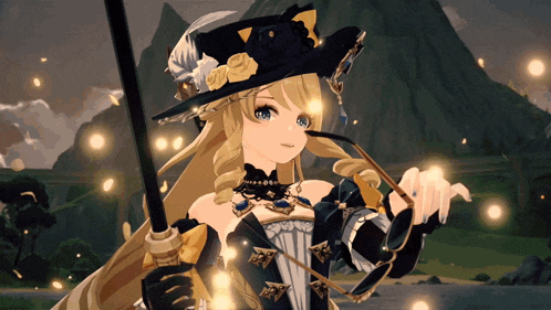 a girl in a witch hat is holding a sword