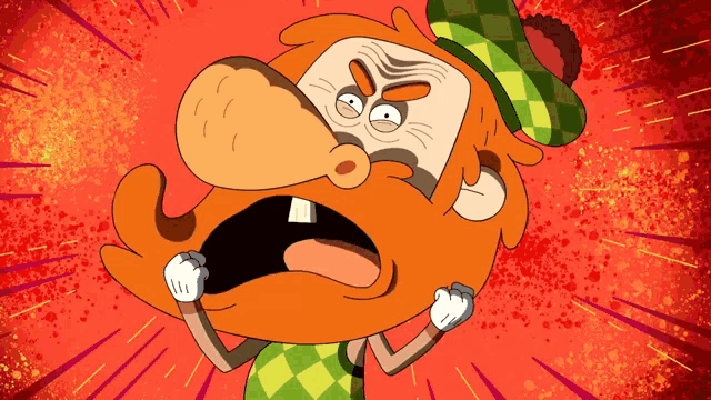 a cartoon character with an orange beard and a green plaid hat