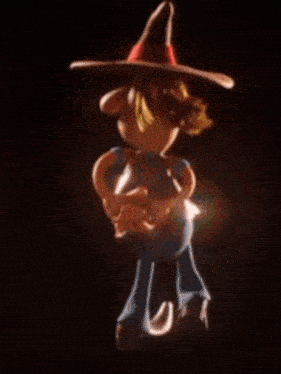 a cartoon character wearing a witch hat is holding a pumpkin