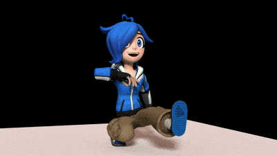 a cartoon character with blue hair and brown pants