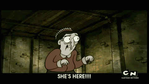 a cartoon character says she 's here in the corner