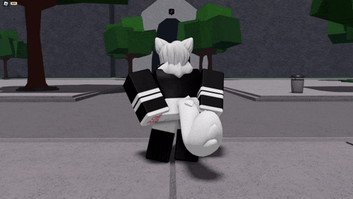a cartoon character with a white tail is standing on the street
