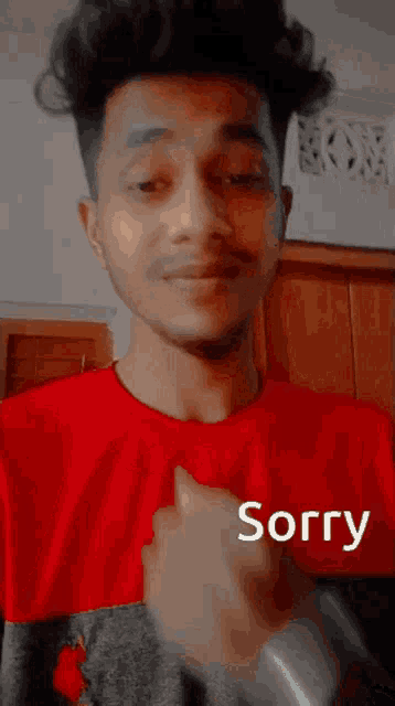 a young man in a red shirt is making a funny face and saying sorry
