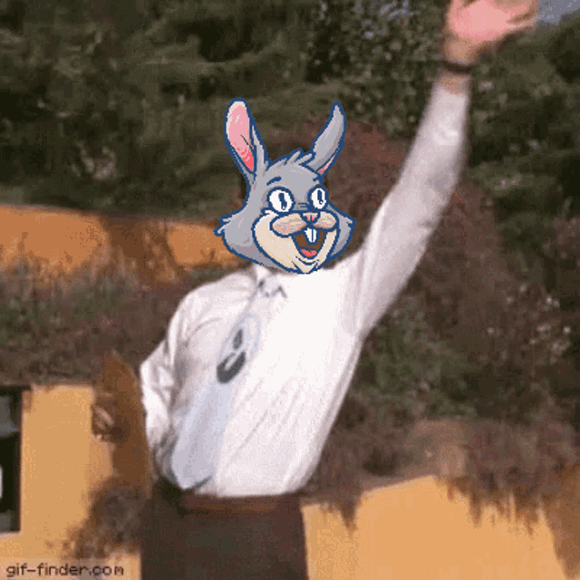 a man in a white shirt has a cartoon bunny on his head