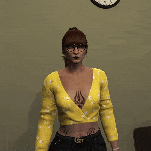 a woman wearing glasses and a yellow shirt says " otvale " in front of a clock