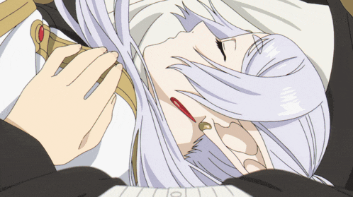 a drawing of a woman with white hair and a red earring